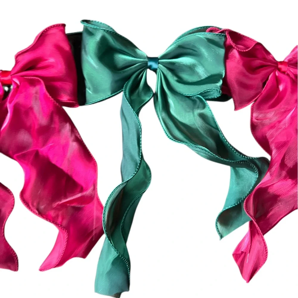 Holiday/Christmas Burgundy & Green Chiffon wired bow garland 55” length
